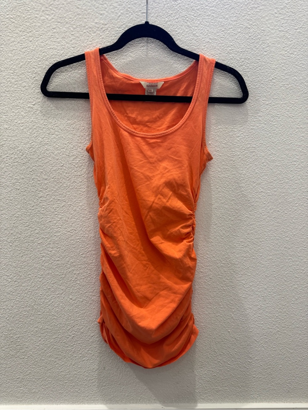 Sundance ruched-side sleeveless tank top w/ scoop neck and gathered side.